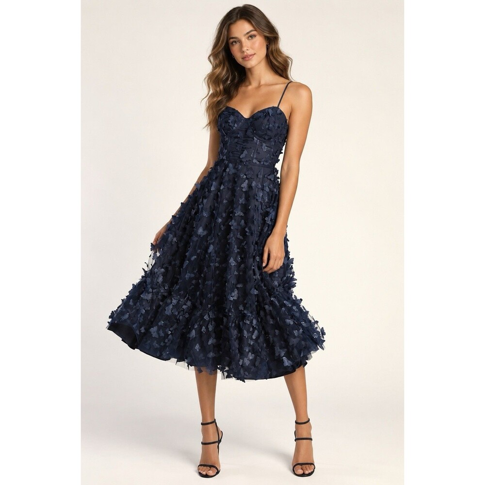 Lulus Time to Fly Navy 3D Butterfly Homecoming Wedding Midi Dress M Lace Up NWT
